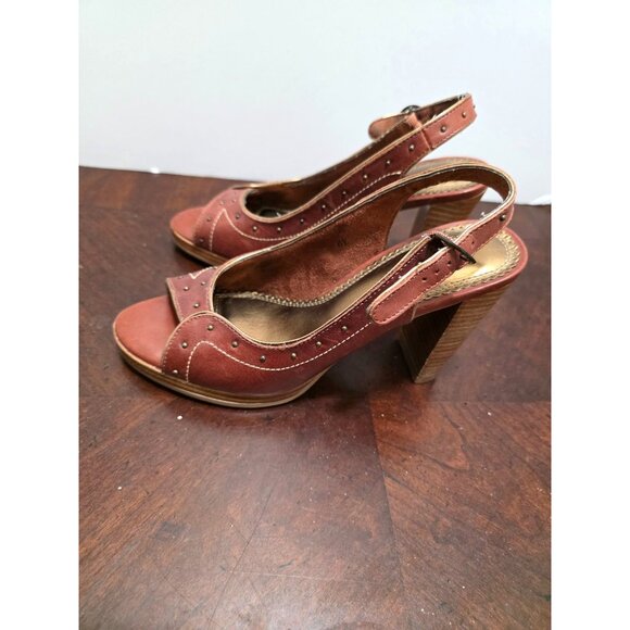 Seychelles Brown Studded Leather High Heel Sandals Size 6.5 Adjustable Strap - Picture 4 of 10